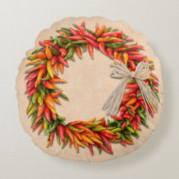 Southwest Chile Ristra Wreath on Adobe Wall Round Pillow