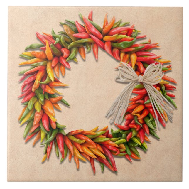 Southwest Chile Ristra Wreath on Adobe Wall Tile (Front)