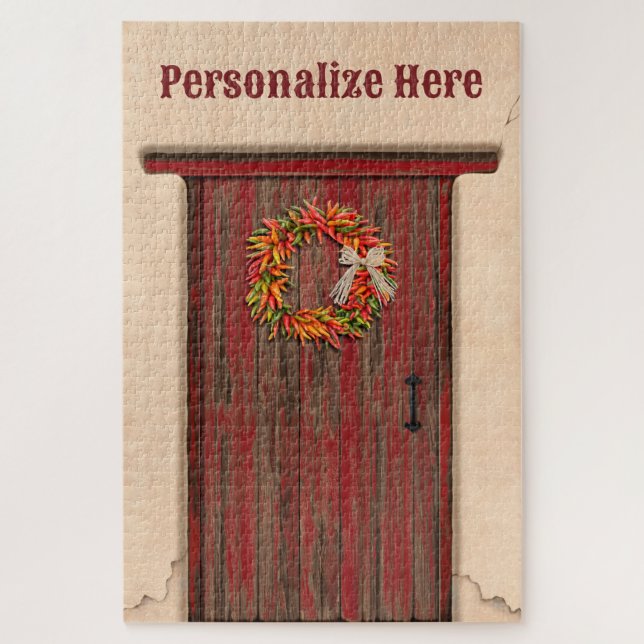 Southwest Chile Ristra Wreath Weathered Red Door Jigsaw Puzzle (Vertical)