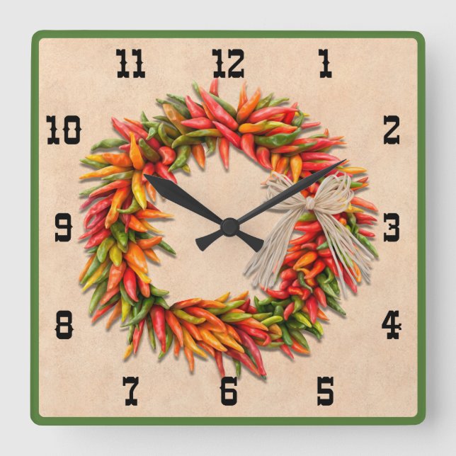 Southwest Chile Ristra Wreath Western Style Number Square Wall Clock (Front)