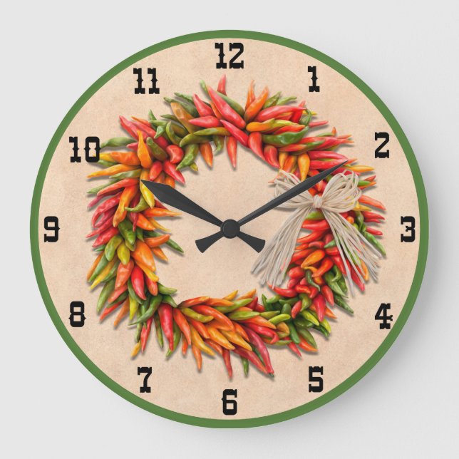 Southwest Chile Ristra Wreath with Western Numbers Large Clock (Front)