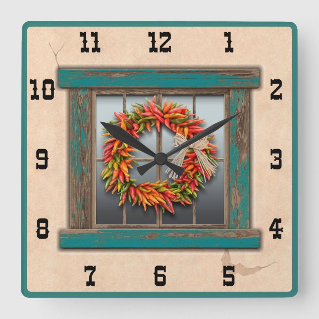 Southwest Chile Wreath Blue Window Western Numbers Square Wall Clock (Front)