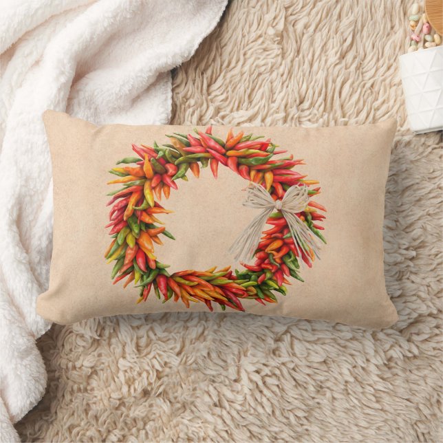 Southwest Chile Wreath on Adobe Wall Lumbar Pillow (Blanket)