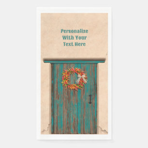 Southwest Chile Wreath on Rustic Blue Wood Door Napkin