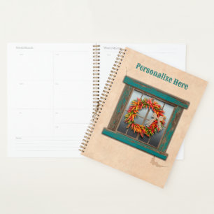 Southwest Chile Wreath on Rustic Blue Wood Window Planner
