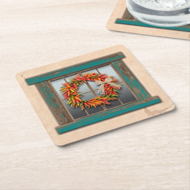 Southwest Chile Wreath on Rustic Blue Wood Window Square Paper Coaster (Angled)