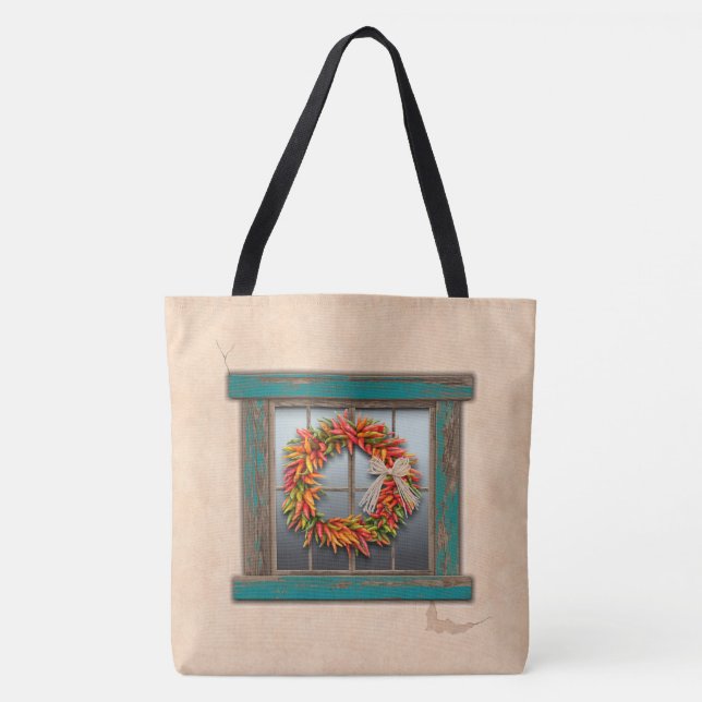 Southwest Chile Wreath on Rustic Blue Wood Window Tote Bag (Front)