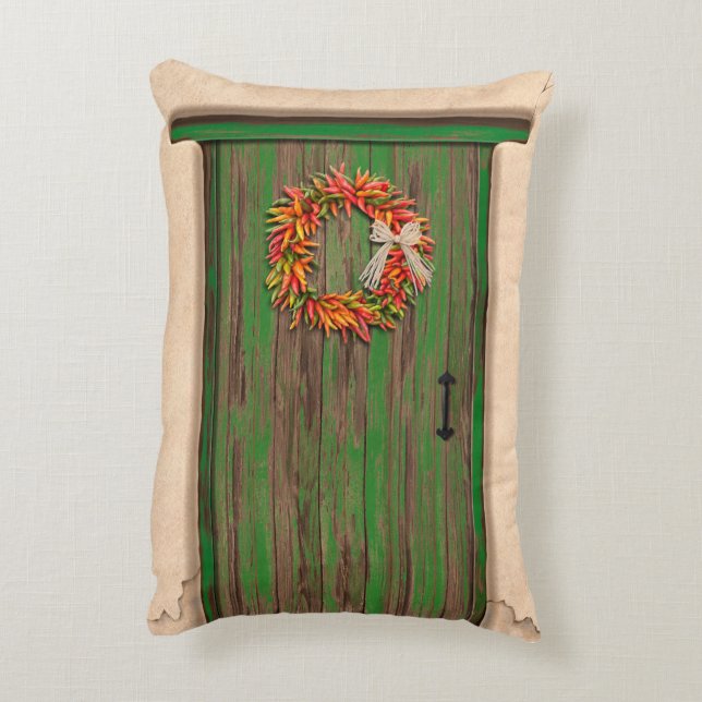 Southwest Chile Wreath on Rustic Green Wood Door Accent Pillow (Back(Vertical))