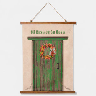 Southwest Chile Wreath on Rustic Green Wood Door Hanging Tapestry