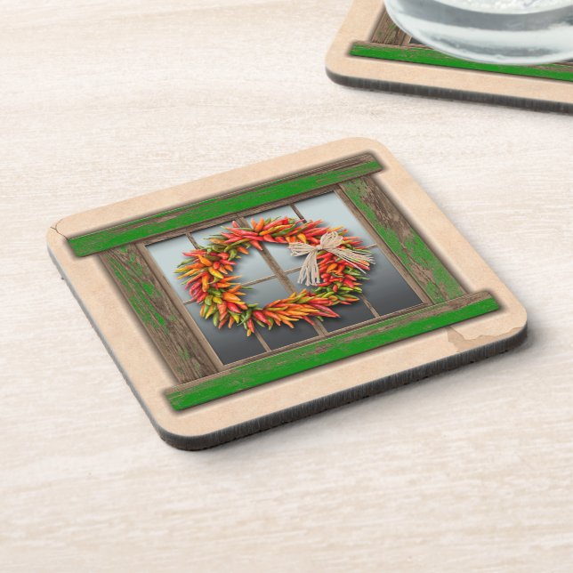 Southwest Chile Wreath on Rustic Green Wood Window Coaster (Left Side)