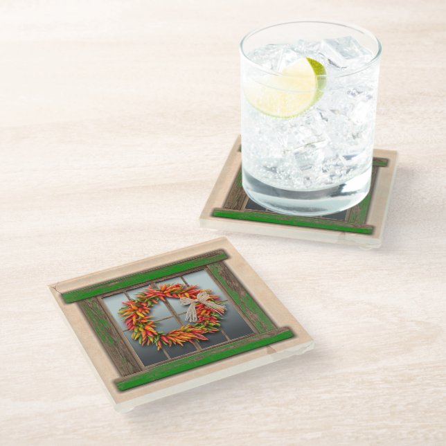 Southwest Chile Wreath on Rustic Green Wood Window Glass Coaster (Angled)