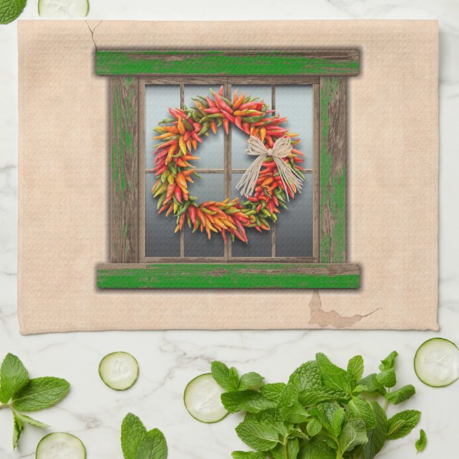 Southwest Chile Wreath on Rustic Green Wood Window Kitchen Towel (Folded)