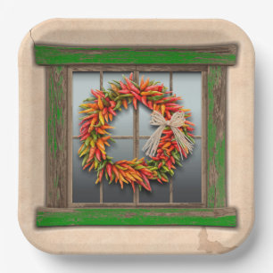 Southwest Chile Wreath on Rustic Green Wood Window Paper Plate