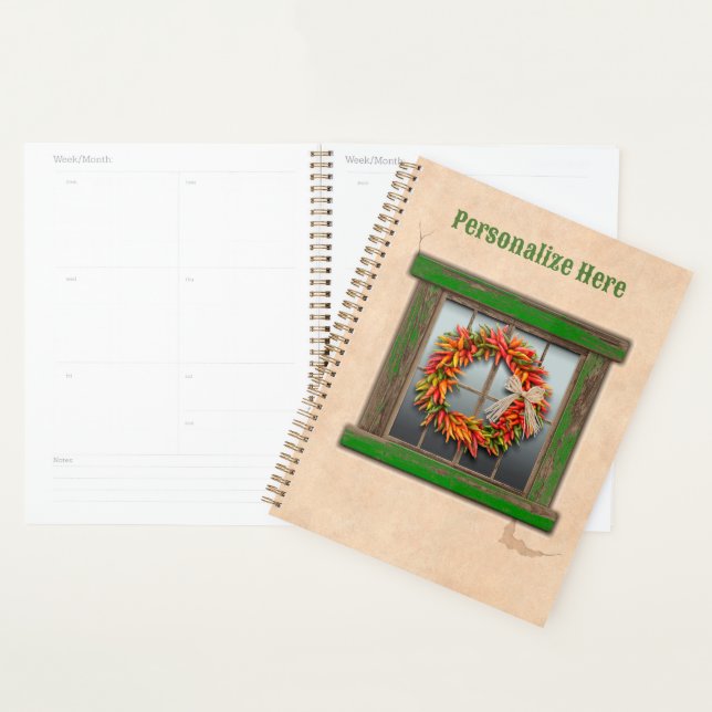 Southwest Chile Wreath on Rustic Green Wood Window Planner (Display)