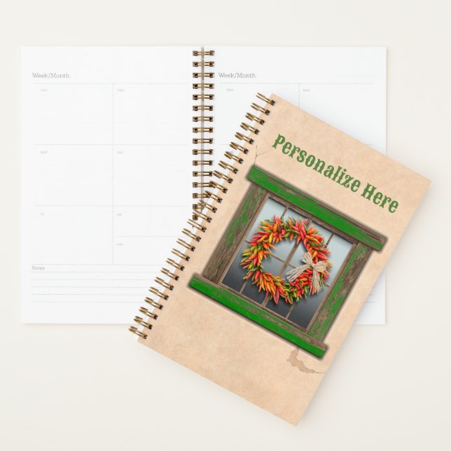 Southwest Chile Wreath on Rustic Green Wood Window Planner (Display)