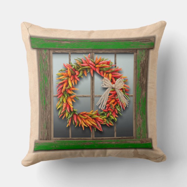 Southwest Chile Wreath on Rustic Green Wood Window Throw Pillow (Back)