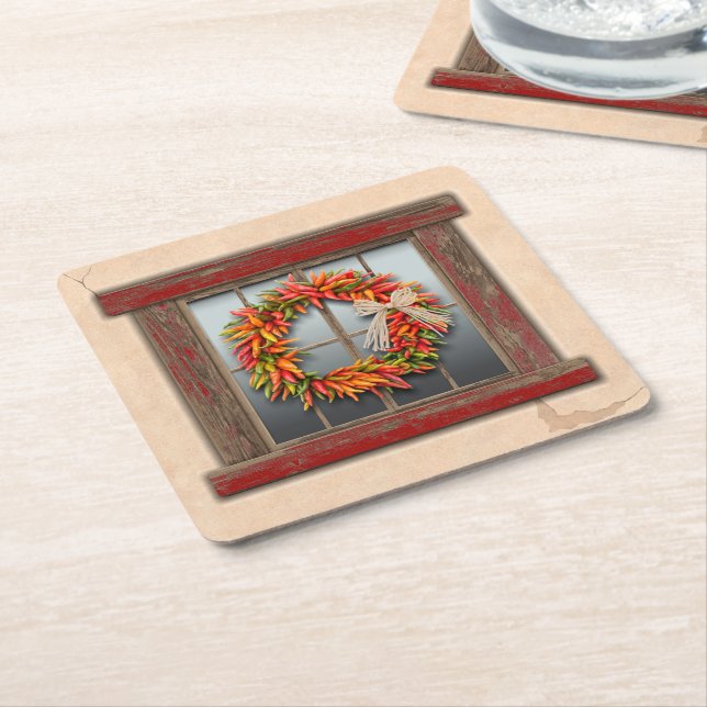 Southwest Chile Wreath on Rustic Red Wood Window Square Paper Coaster (Angled)
