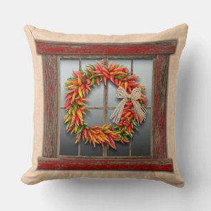 Southwest Chile Wreath on Rustic Red Wood Window Throw Pillow