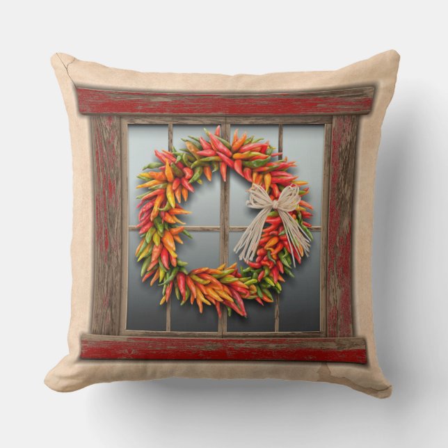 Southwest Chile Wreath on Rustic Red Wood Window Throw Pillow (Front)