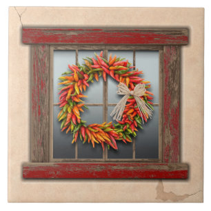 Southwest Chile Wreath on Rustic Red Wood Window Tile