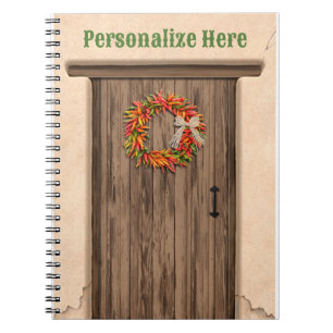 Southwest Chile Wreath on Rustic Wood Door Notebook