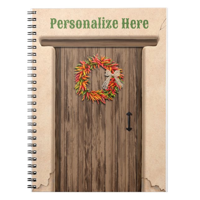 Southwest Chile Wreath on Rustic Wood Door Notebook (Front)