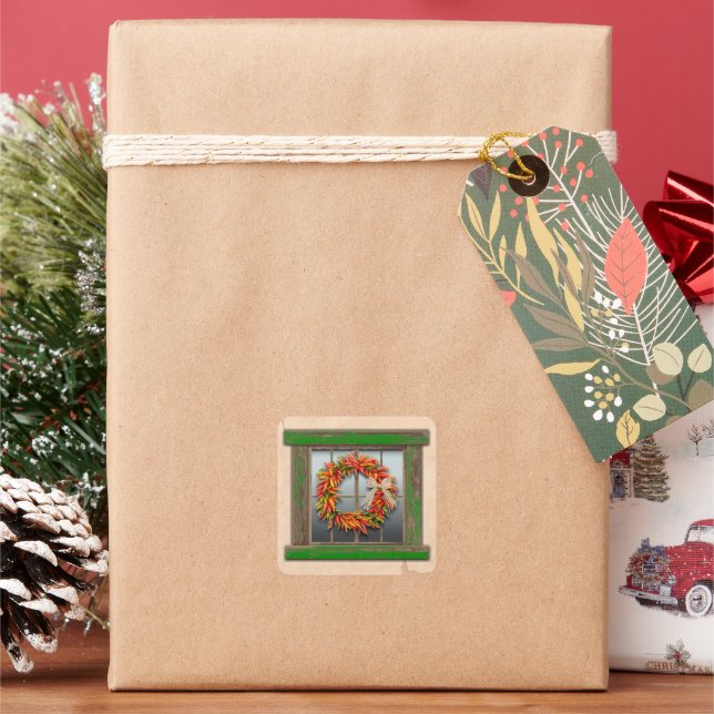 Southwest Chile Wreath on Rustic Wood Window Square Sticker (Holiday)