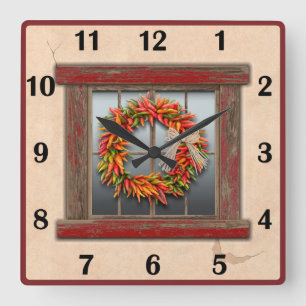 Southwest Chile Wreath Red Window Basic Numbers  Square Wall Clock