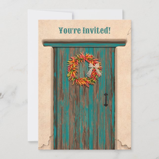 Southwest Chile Wreath Rustic Blue Door Holiday Invitation (Front)