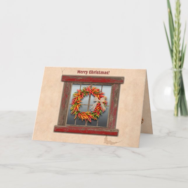 Southwest Chile Wreath Rustic Red Window Christmas Card (Front)