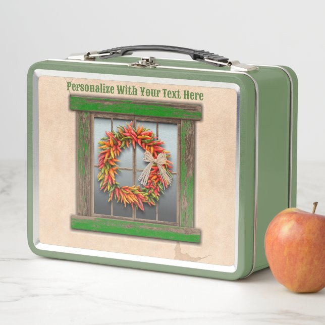Southwest Chile Wreath Rustic Window Personalized Metal Lunch Box (In Situ)