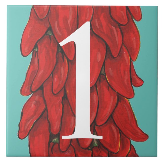 Southwest Chili Pepper House Numeral 1 Turquoise Tile (Front)