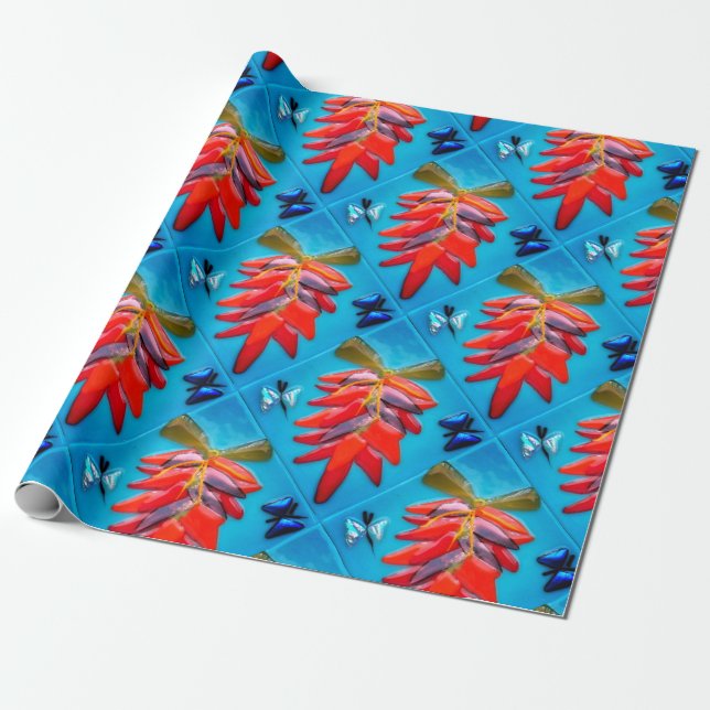 Southwest Chili Pepper Turquoise Fiesta Pattern Wrapping Paper (Unrolled)