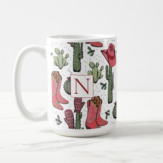 Southwest Christmas Cowgirl Red Monogram Coffee Mug (Left)