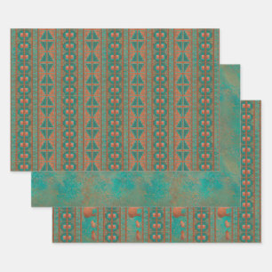 Southwest Copper Teal Javelina Geometric Pattern Wrapping Paper Sheet