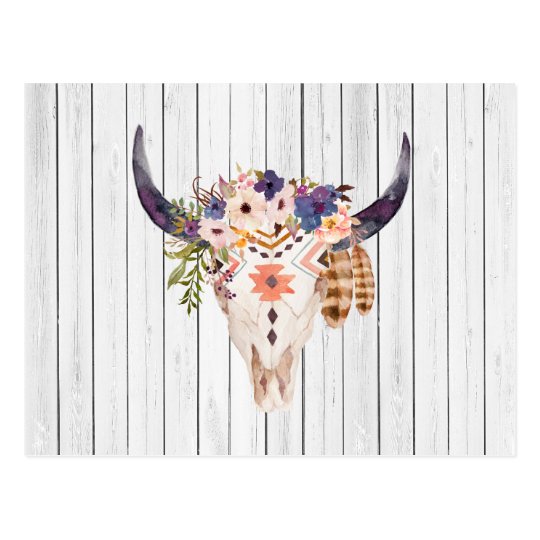 Southwest Cow Skull Tribal Markings and Flowers Postcard