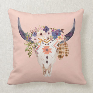 Southwest Cow Skull Tribal Markings and Flowers Throw Pillow