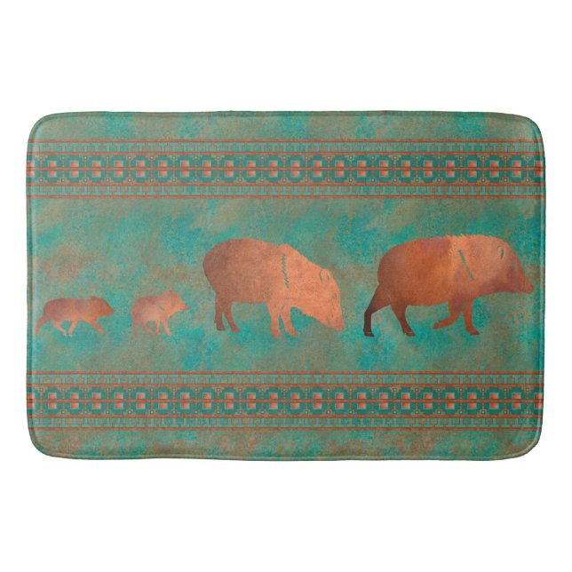 Southwest Cute Javelina Family Copper Teal Large Bath Mat (Front)