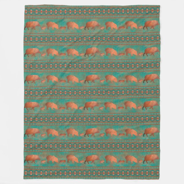 Southwest Cute Javelina Family Copper Teal Large Fleece Blanket (Front)