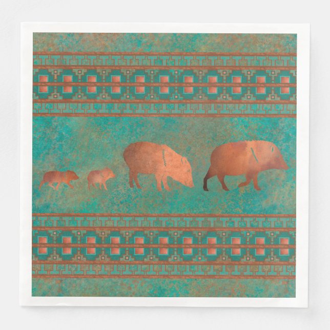 Southwest Cute Javelina Family Copper Teal Napkin (Front)