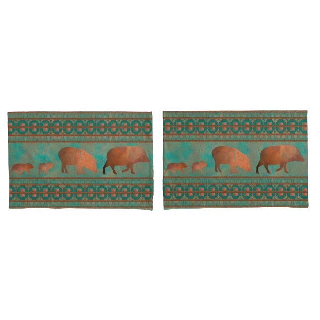 Southwest Cute Javelina Family Copper Teal Pillowcase (Front-Set)