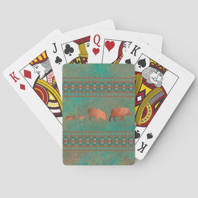 Southwest Cute Javelina Family Copper Teal Playing Cards (Back)