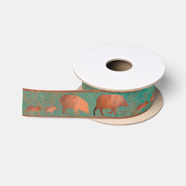Southwest Cute Javelina Family Copper Teal Satin Ribbon (Spool)