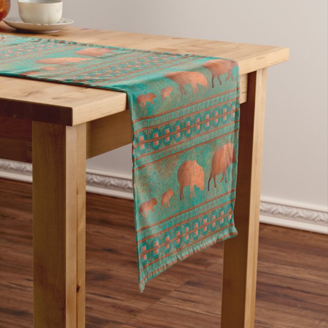Southwest Cute Javelina Family Copper Teal Short Table Runner (In Situ)