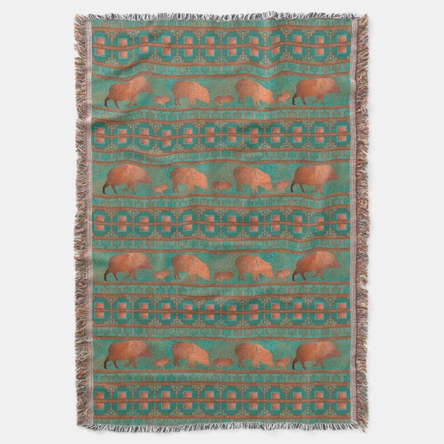 Southwest Cute Javelina Family Copper Teal Throw Blanket (Front Vertical)