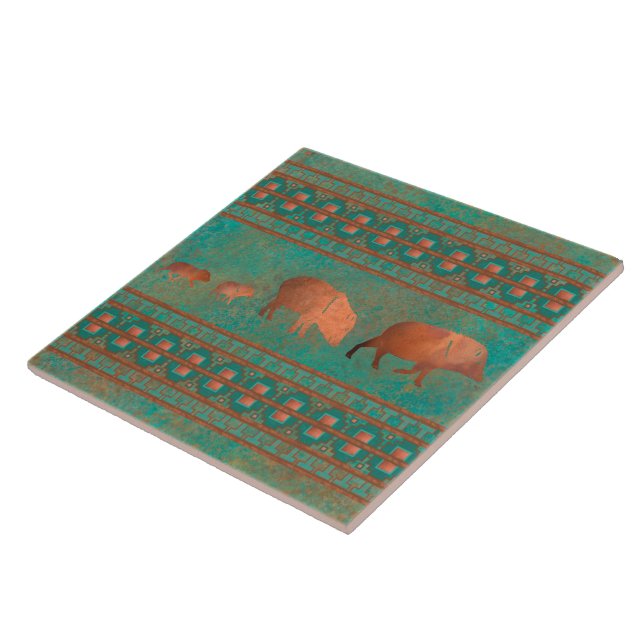 Southwest Cute Javelina Family Copper Teal Tile (Side)