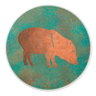 Southwest Cute Javelina Momma Copper Teal Ceramic Knob