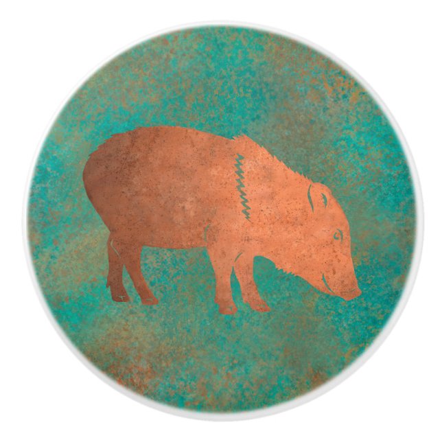 Southwest Cute Javelina Momma Copper Teal Ceramic Knob (Front)