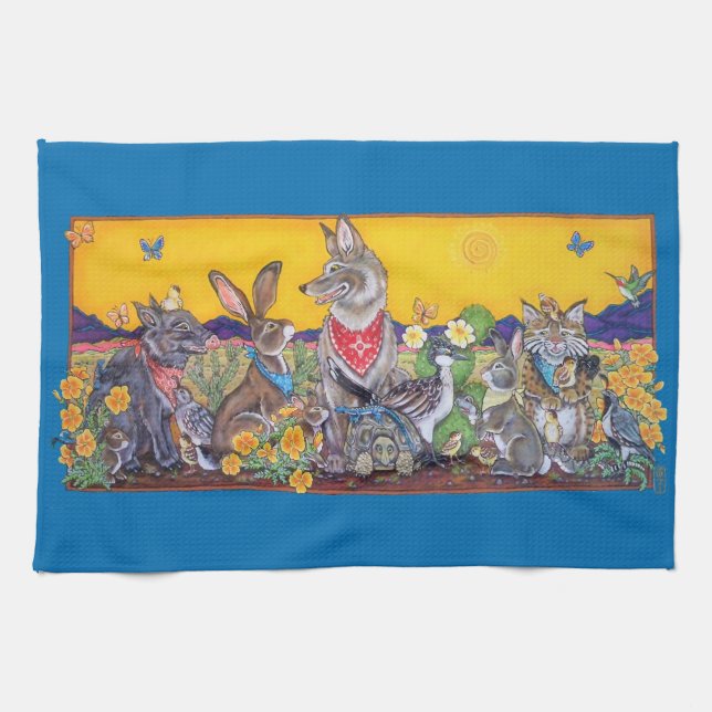 Southwest Desert Animal Rabbit Quail Coyote Sun Kitchen Towel (Horizontal)