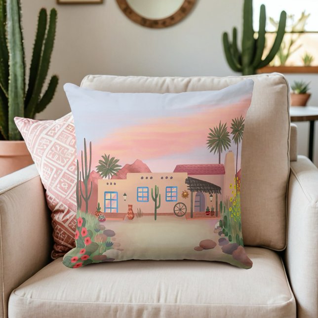 Southwest Desert Cactus Adobe House Peach | Throw Pillow (Creator Uploaded)